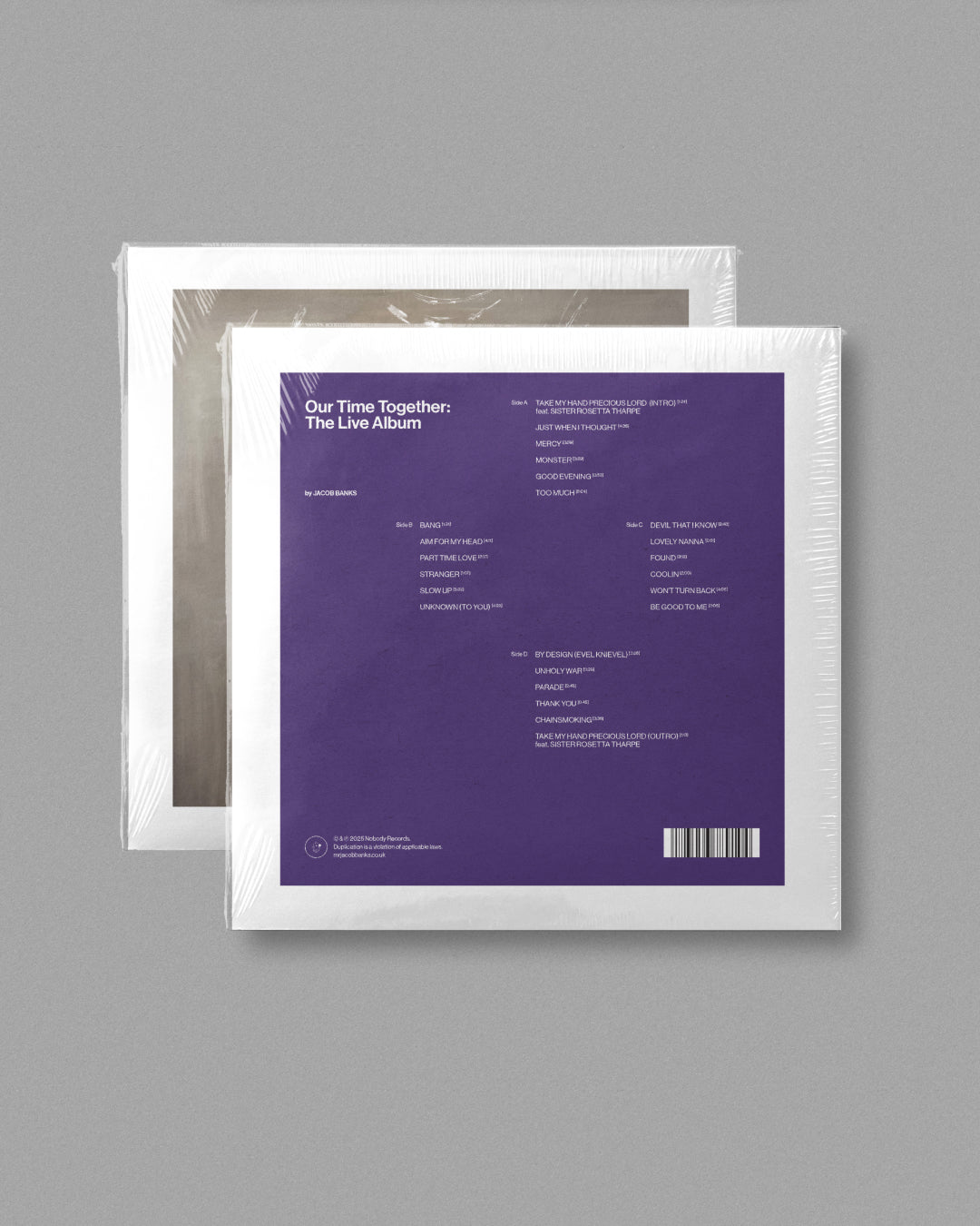 Album cover with purple back cover and white front cover on a gray background