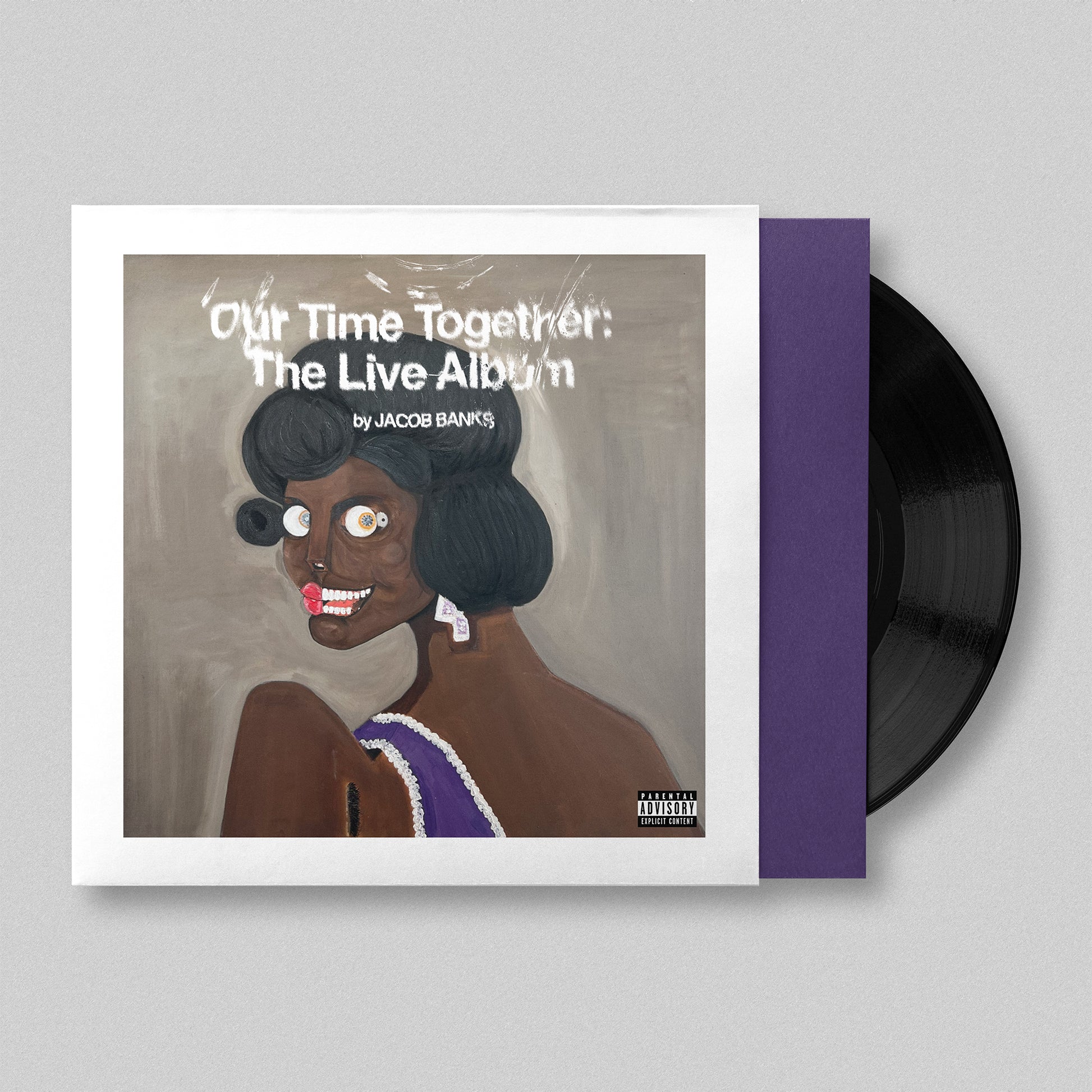 Vinyl record with cover featuring an illustration of a person and text 'Out Time Together: The Live Album by Jacob Banks' on a gray background.